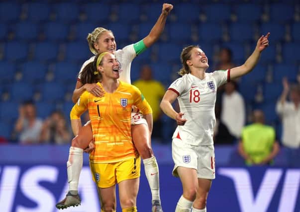 England's Steph Houghton (top), Karen Bardsley and Ellen White (right) celebrate victory.