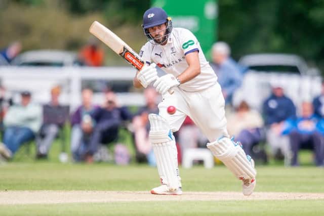 On home turf: Yorkshire's Jack Leaning hits out on his way to a half-century against Warwickshire at his home York CC.