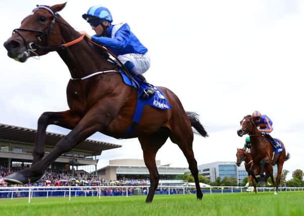 Madhmoon, ridden by Chris Hayes, winning the KPMG Champions Juvenile Stakes at Leopardstown last September. PIC: PA Wire
