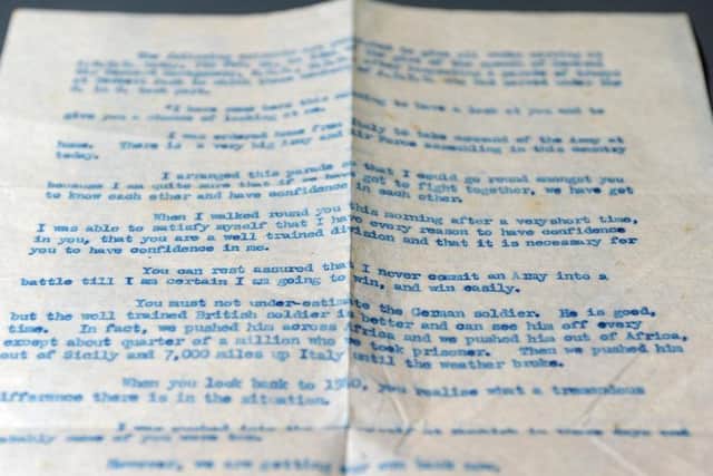 Typed notes of the speech made in Leeds by legendary military leader Field Marshall Montgomery.