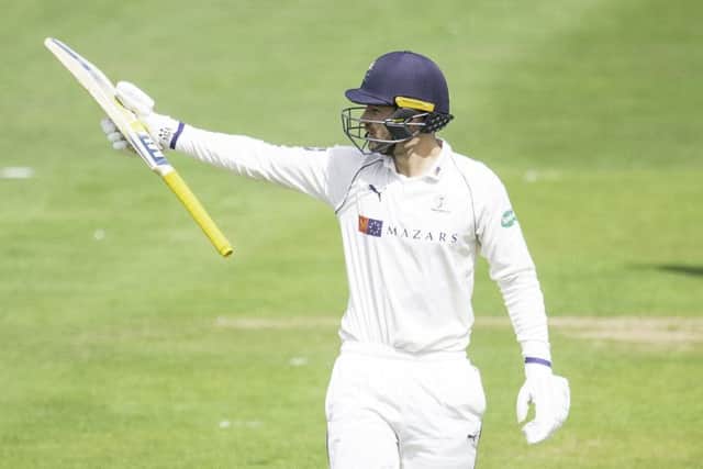 Yorkshire's WIll Fraine celebrates his maiden first class century against Surrey at Scarborough (Picture: Allan McKenzie/SWpix.com)