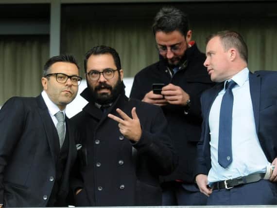 Leeds United owner Andrea Radrizzani (L), Victor Orta (M) and Angus Kinnear (R).