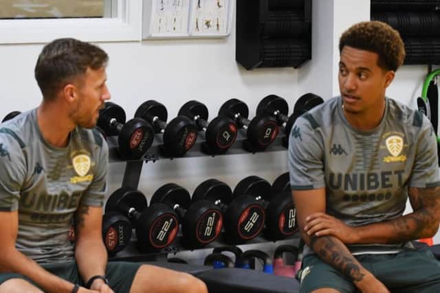 Leeds United's Barry Douglas (L) and Helder Costa (R).