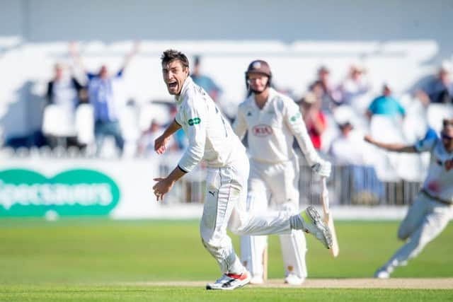 Yorkshire's Duanne Olivier celebrates as he takes the final wicket of Surrey's Gareth Batty to seal victory for his side. Picture: Allan McKenzie/SWpix.com