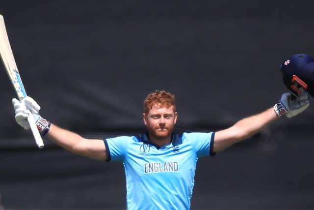 England's Jonny Bairstow celebrates his century.