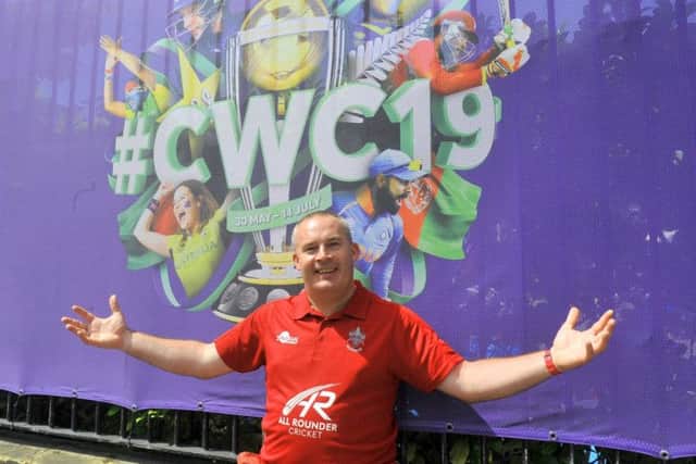 Noel Bullock from Morley who is carrying out the Cricket World Cup trophy at Headingley on Saturday , pictured at Headingley as the West Indies played Afghanistan.
