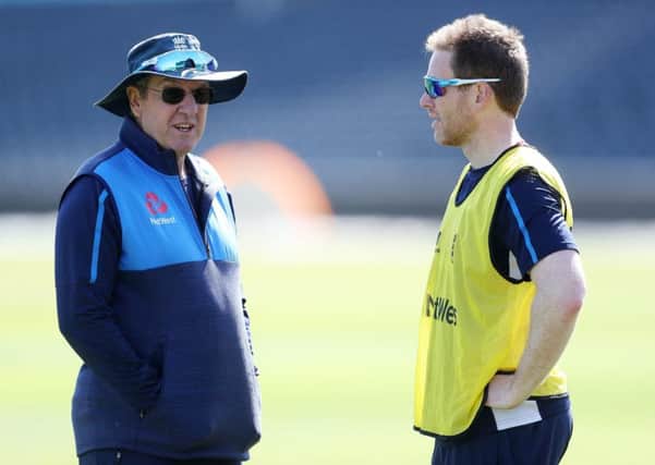 England coach Trevor Bayliss and Eoin Morgan. Picture: David Davies/PA