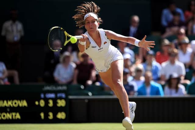 Johanna Konta in action on day four at Wimbledon, easing to a straight sets win over Katerina Siniakova . Picture: Adam Davy/PA