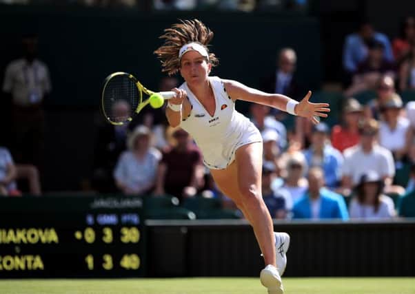 Johanna Konta in action on day four at Wimbledon, easing to a straight sets win over Katerina Siniakova . Picture: Adam Davy/PA