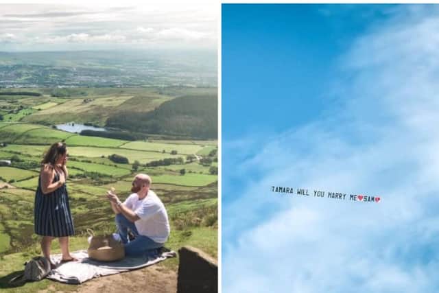 Sam Winter proposed to his partner Tamara with a plane that was spotted flying over Leeds. Pictures: Rob Keeble