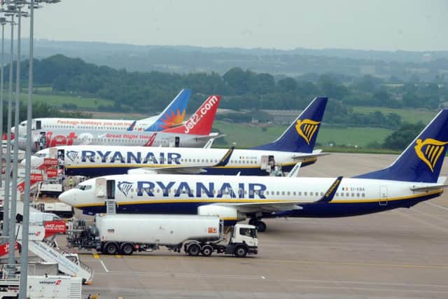 Ryanair planes at Leeds Bradford Airport.
