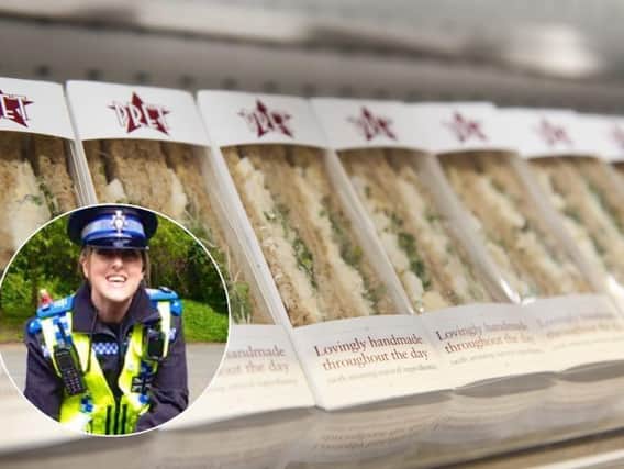 (Inset) PCSO Michelle Owens has urged people to remember officers are "human too", after she was criticised for buying a sandwich to eat during her shift. Picture: Twitter/PA