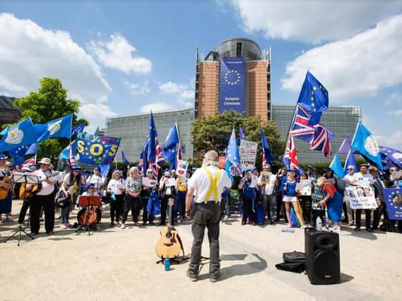 Members of Yorkshire for Europe gather in Brussels outside the European Commission building,