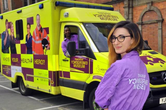 NLYP Ambulance.Leah Dungay a Learning  officer for the Thackray museum   with Andrew  Pyke-Condor the driver of the Thackray  Emergency Museum  ambulance . pictured at St James Hospital in Leeds.
