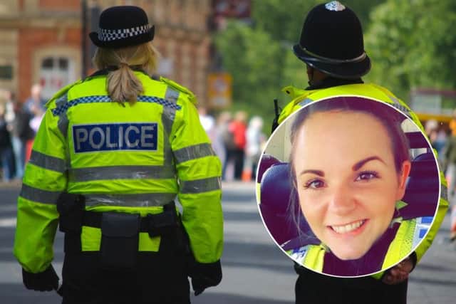 Sam (inset) has said her breast cancer was caught early thanks to her police body armour. Picture: PA/Twitter