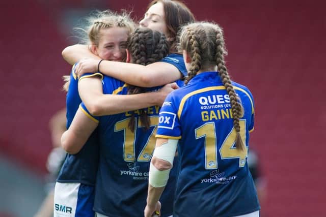 Leeds Rhinos celebrate their Coral Women's Challenge Cup semi-final victory over St Helens. Picture: Isabel Pearce/SWpix.com.