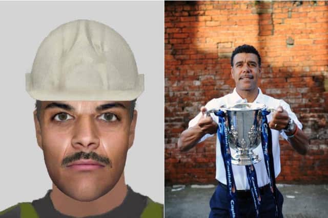 The e-fit image (left) posted by Cleethorpes Community Policing Team and Chris Kamara (right)