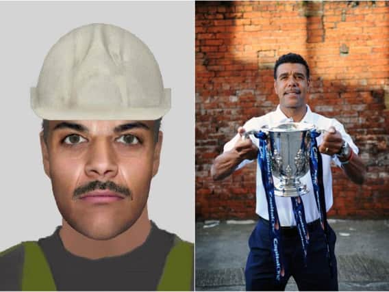 The e-fit image (left) posted by Cleethorpes Community Policing Team and Chris Kamara (right)