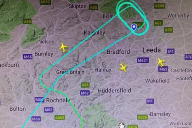 Picture of a plane being held and then diverted from LBA to Manchester Airport. (Credit: Flightradar24)