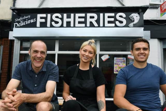 Manbassador Amy Driffield, co-owner of Shaftesbury Fisheries, with Damian Dawtry from Feel Good Factor (left) and Tim Spink from Space 2 (right), who manage the Manbassadors Project.
12th July 2019.
Picture Jonathan Gawthorpe