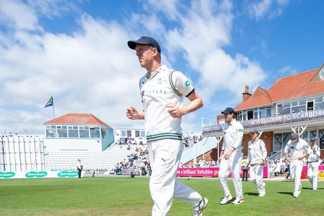 Yorkshire's Steve Patterson leads his side out against Surrey at Scarborough's North Marine Road earlier this month. Picture: Allan McKenzie/SWpix.com