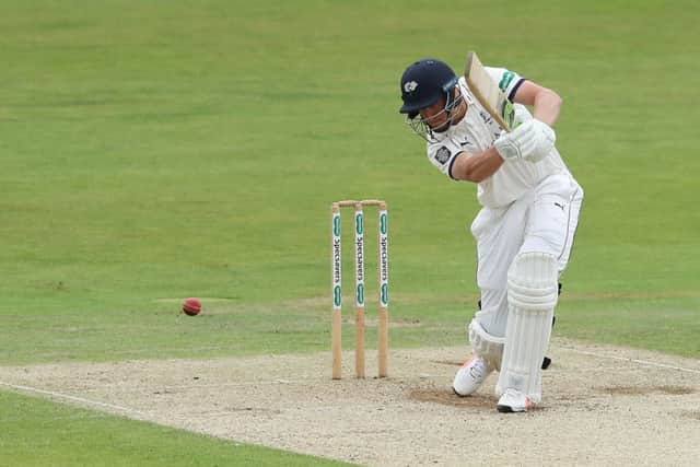 Yorkshire's Tom Kohler-Cadmore hits the ball for four to reach his century against Somerset (Picture: John Clifton/SWpix.com)
