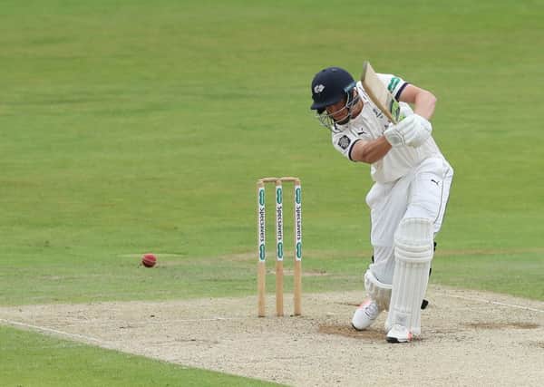 Yorkshire's Tom Kohler-Cadmore hits the ball for four to reach his century against Somerset (Picture: John Clifton/SWpix.com)