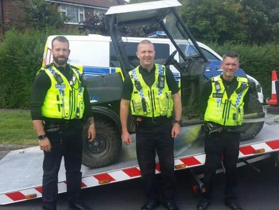 Farm vehicles which were stolen from the Manston area of Leeds have been found in Seacroft. Pictured: PC Kinnon, PC Johnson and PC Bolland. Photo provided by WYP Leeds East.