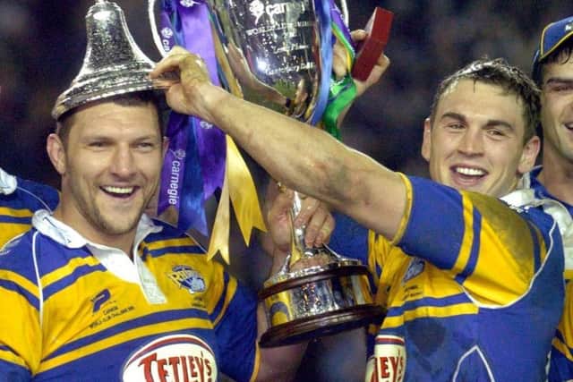 Leeds Rhinos v Canterbury Bulldogs. World Club Challenge at Elland Road 4 February 2005.
Barrie McDermott and Kevin Sinfield celebrate with the trophy