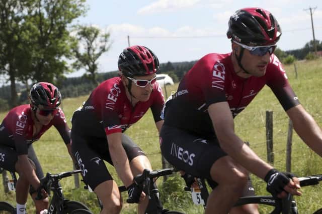 CONFIDENT: Britain's Geraint Thomas, center, surrounded and Italy's Gianni Moscon, right and Colombia's Egan Arley Bernal Gomez at the weekend. Picture: AP/Thibault Camus