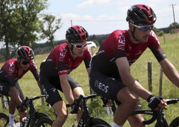 CONFIDENT: Britain's Geraint Thomas, center, surrounded and Italy's Gianni Moscon, right and Colombia's Egan Arley Bernal Gomez at the weekend. Picture: AP/Thibault Camus