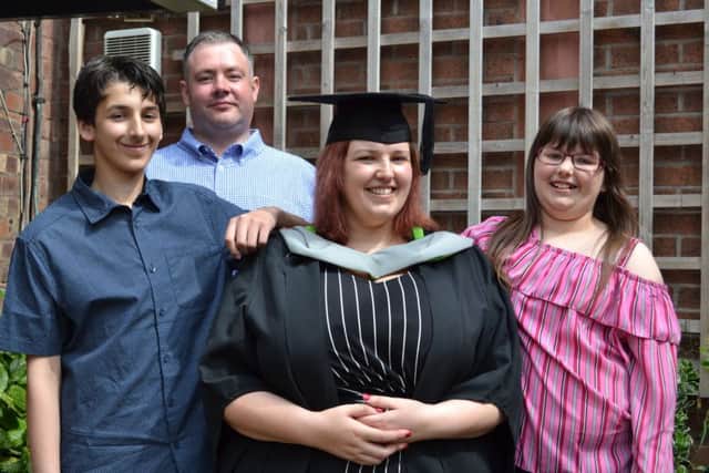 Delight: Kimberley Jones with Jack, Mark and Alexa after graduating at the University of Cumbria.