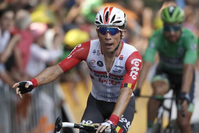 Australia's Caleb Ewan celebrates as he crosses the finish line to win the 11th stage of the Tour de France - over 167 kilometers (103,77 miles) from Albi to Toulouse. PIC: AP Photo/Christophe Ena