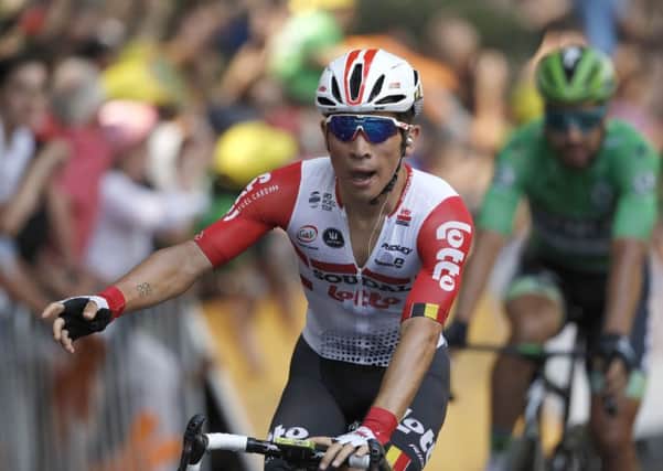 Australia's Caleb Ewan celebrates as he crosses the finish line to win the 11th stage of the Tour de France - over 167 kilometers (103,77 miles) from Albi to Toulouse. PIC: AP Photo/Christophe Ena