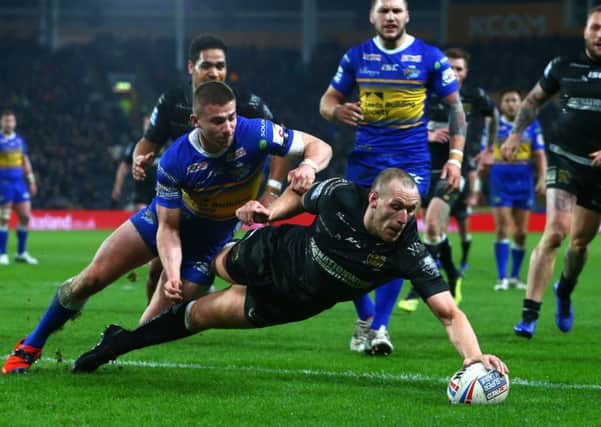 Hull FC's Dean Hadley scores against Leeds Rhinos earlier this season. Picture by Ash Allen/SWpix.com