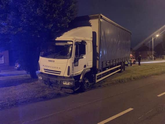 The HGV came to a stop in Middleton, without its front two wheels. Photo by West Yorkshire Police @WYPDogs