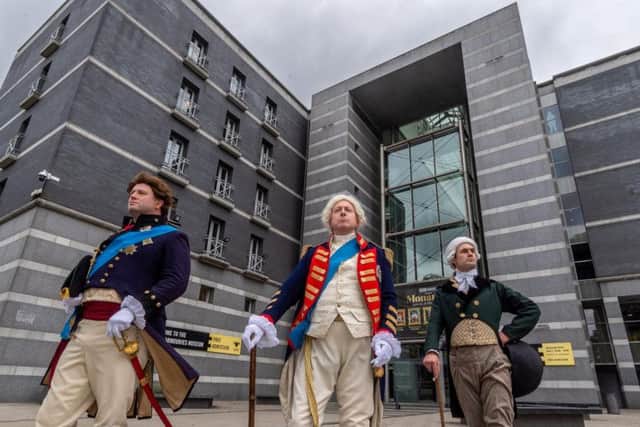 Royal Armouries Interpreters Andy Hodges as the Prince Regent, Chris Bailey as George III and Tristan Langlois as the Earl of Chatham. Picture by James Hardisty.