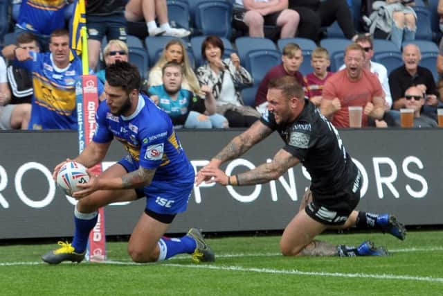 Tom Briscoe scores his second try against Hull FC today. Picture Tony Johnson.