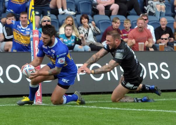 Tom Briscoe scores his second try against Hull FC today. Picture Tony Johnson.