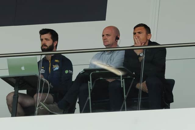 Richard Agar and Kevin Sinfield watch on against Hull FC.  Picture: Tony Johnson.