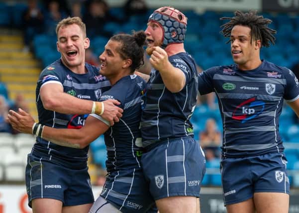 Ash Golding celebrates his try for Featherstone against Rochdale over the weekend.