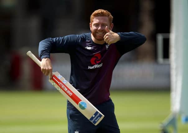 England's Jonny Bairstow gives a thumbs up during the nets session at Lord's, London..