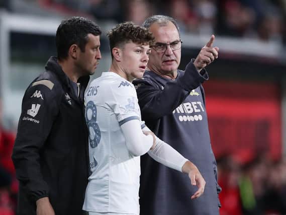 BACK IN ENGLAND: Leeds United and head coach Marcelo Bielsa, pictured right with winger Jordan Stevens. Picture by Matt King/Getty Images.