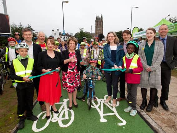 (L-R) Cllr Peter Carlill, Cycling Champion at Leeds City Council; Cllr Kim Groves, Chair of the West Yorkshire Combined Authoritys Transport Committee; Cllr Judith Blake, Leader and Executive Member for Economy and Culture at Leeds City Council; Cllr Lisa Mulherin, Executive Board Member for Climate Change, Transport and Sustainable Development at Leeds City Council; Cllrs Paul Wray and Kayleigh Brooks; and Ben Still, Managing Director at the West Yorkshire Combined Authority pictured at the official opening.