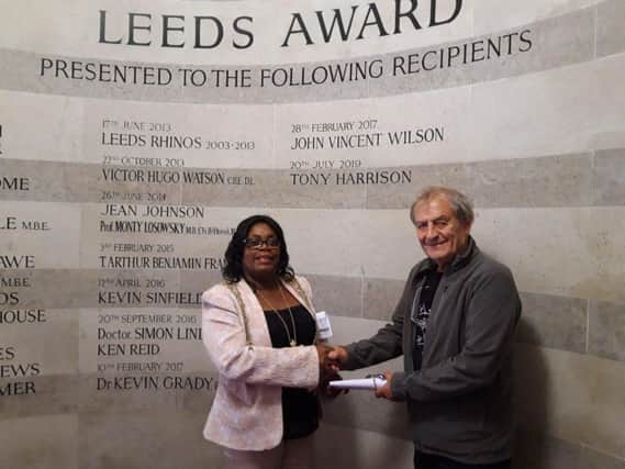 The Lord Mayor Coun Eileen Taylor presents Leeds-born poet and playwright Tony Harrison with his Leeds Award.