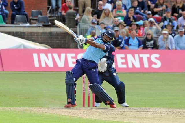 BIG HITTER: Yorkshire's Nicholas Pooran hits out in Saturday's defeat against Derbyshire Falcons at Queens Park in Chesterfield. Picture: Tony Johnson.