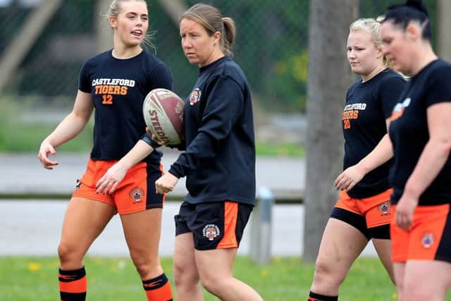 Castleford Tigers women's team head coach Lindsay Anfield in training ahead of the Challenge Cup final.