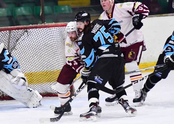 WE'LL MEET AGAIN: Steven Moore battles with Sam Zajac during a game between Solway and Whitley Bay last season. Zajac will be Moore's new boss at Leeds Chiefs in 2019-20. Picture courtesy of Colin Lawson.