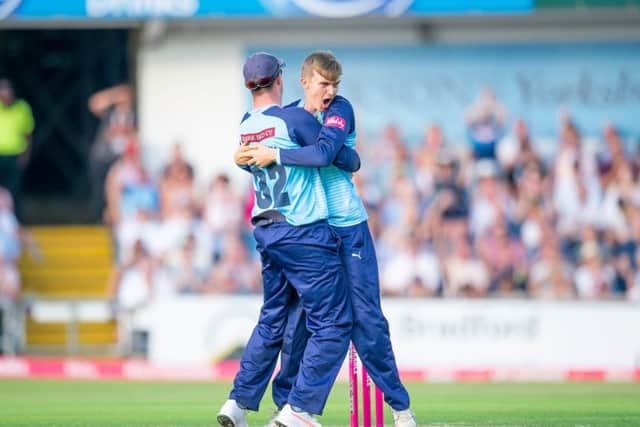 Yorkshire's Jack Shutt celebrates dismissing Lancashire's Liam Livingstone. Picture: Allan McKenzie/SWpix.com.