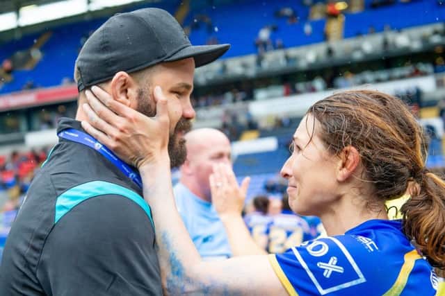 Courtney Hill celebrates with Leeds Rhinos' coach Adam Cuthbertson after the Challenge Cup final victory over Castleford Tigers. Picture:  Allan McKenzie/SWpix.com.